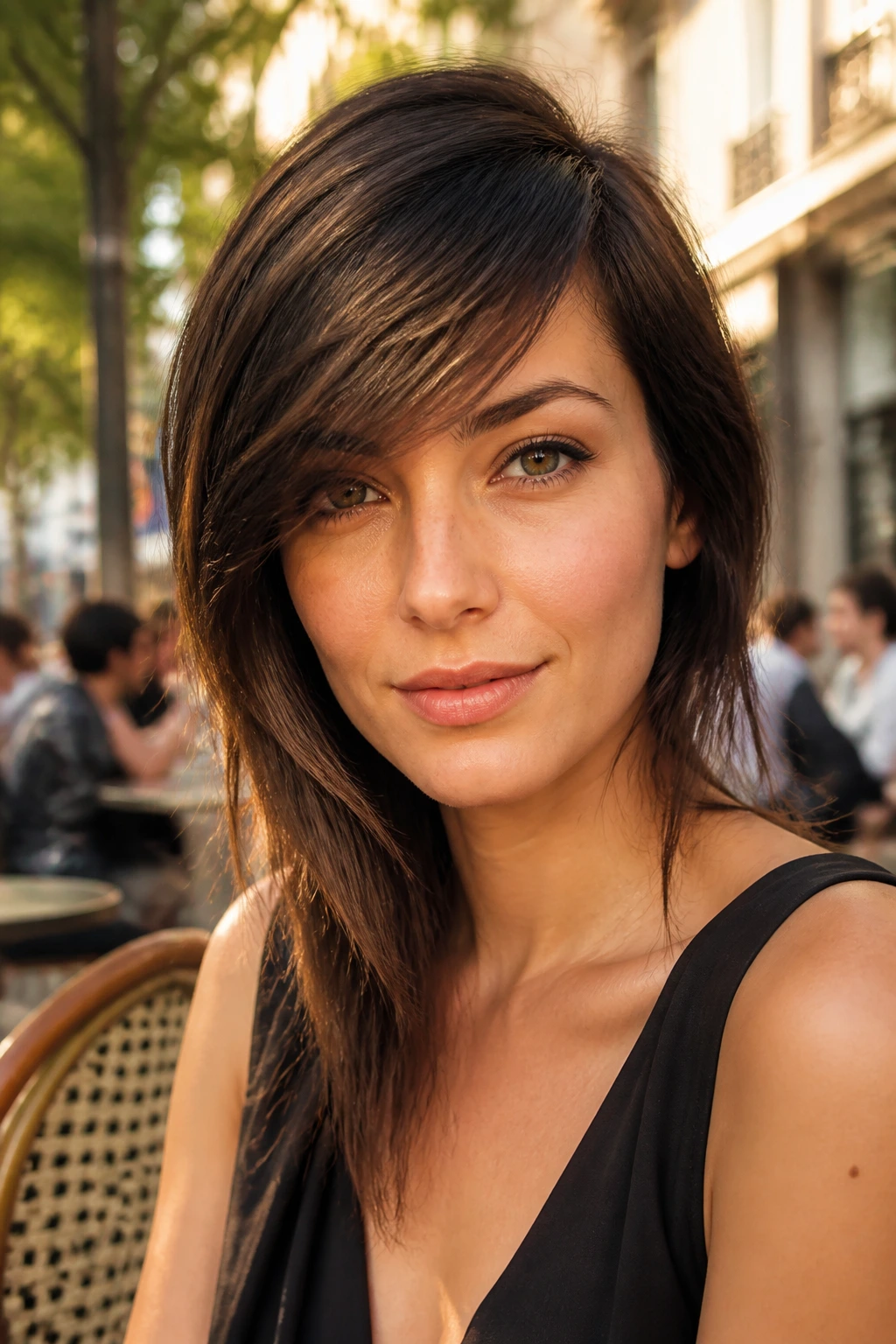 Close-up of a woman with deep side-swept bangs across the forehead