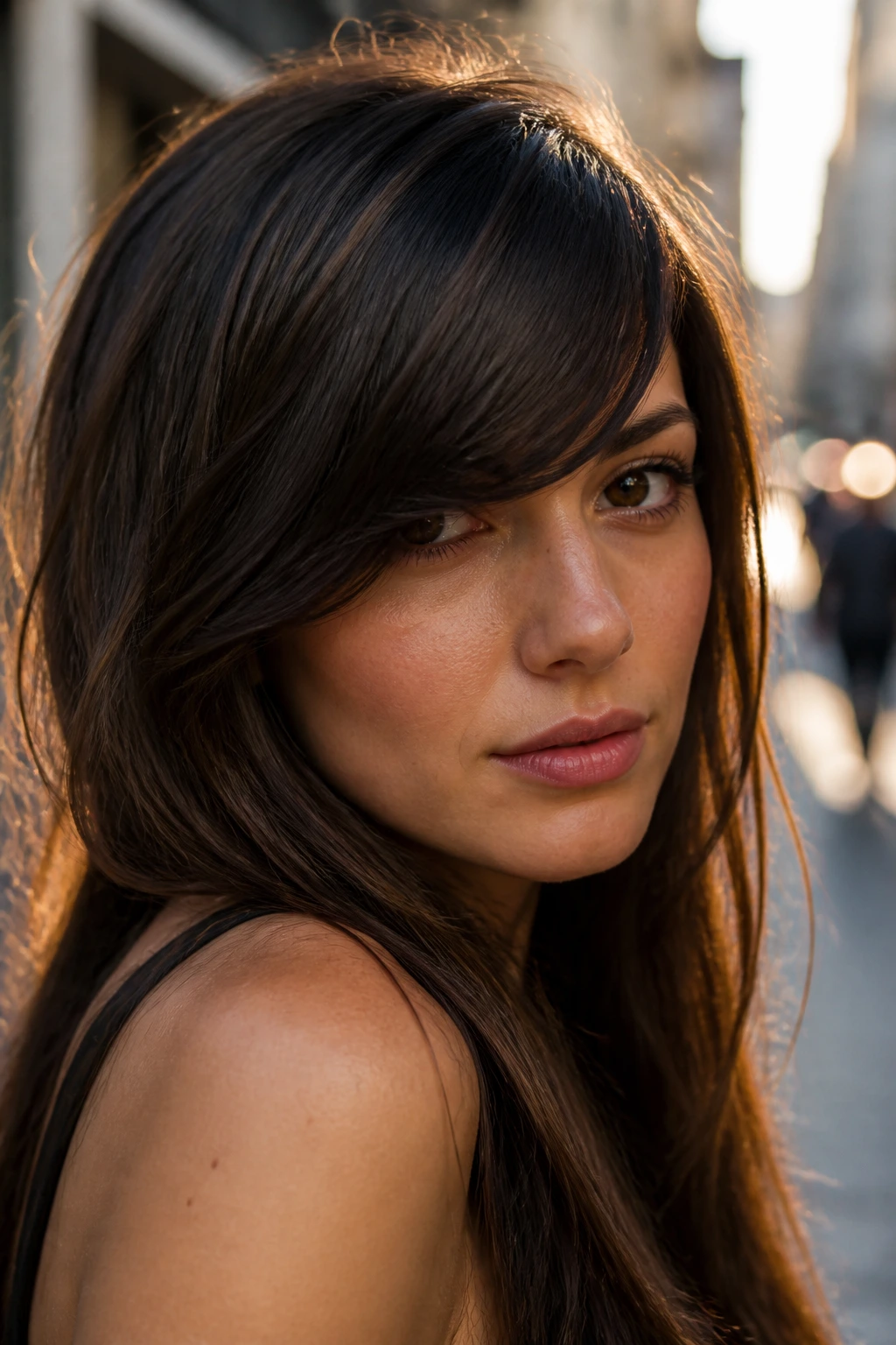 Real woman with deep side-swept heavy bangs across the forehead on an urban street at golden hour