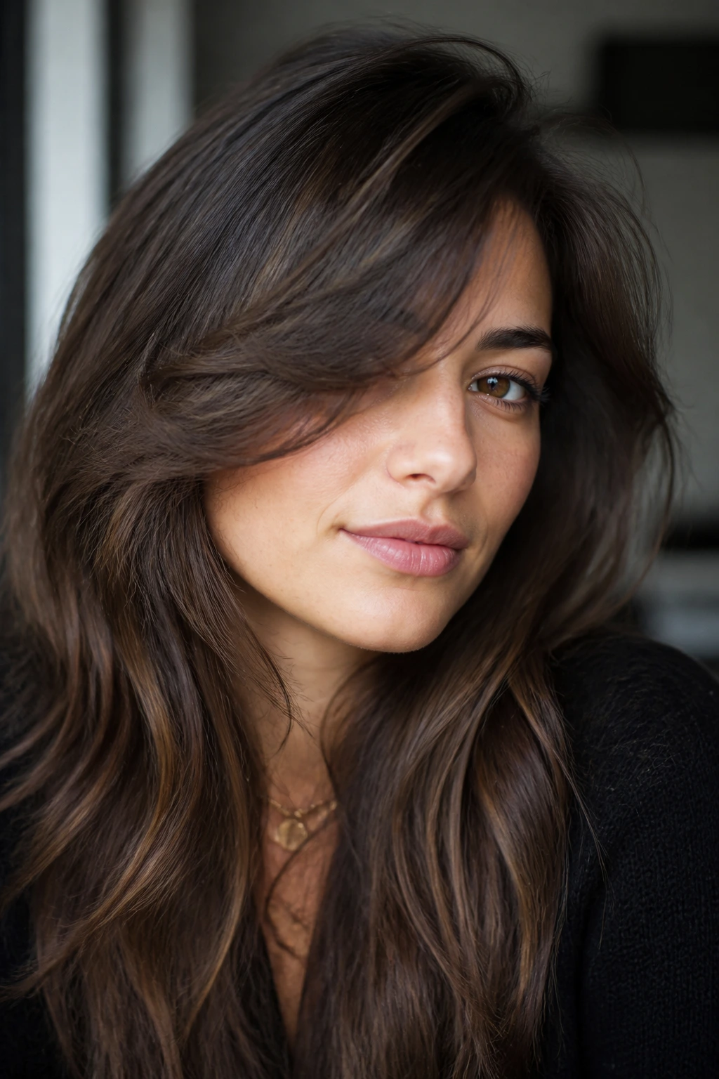 Close-up of a woman with deep side-swept cloud bangs across the cheekbone
