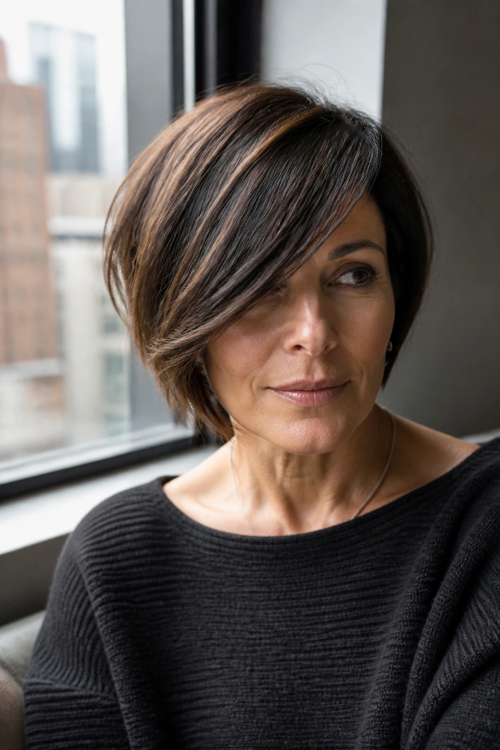 Real woman with a deep side-swept bob diagonal fringe