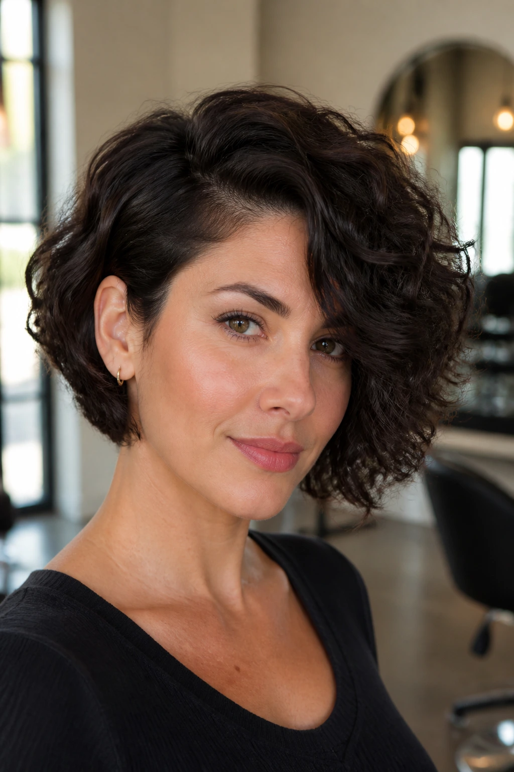 Close-up of a real woman with a deep side-swept bob in warm salon light