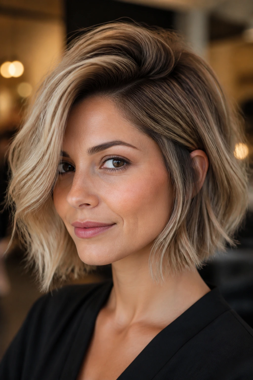 Real woman wearing Deep Side-Swept Bob with root volume
