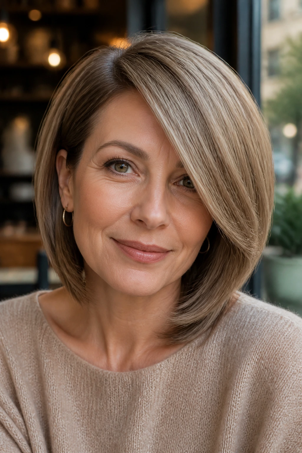 Close-up portrait of a real woman with a deep side-swept bob showing fullness at the front.