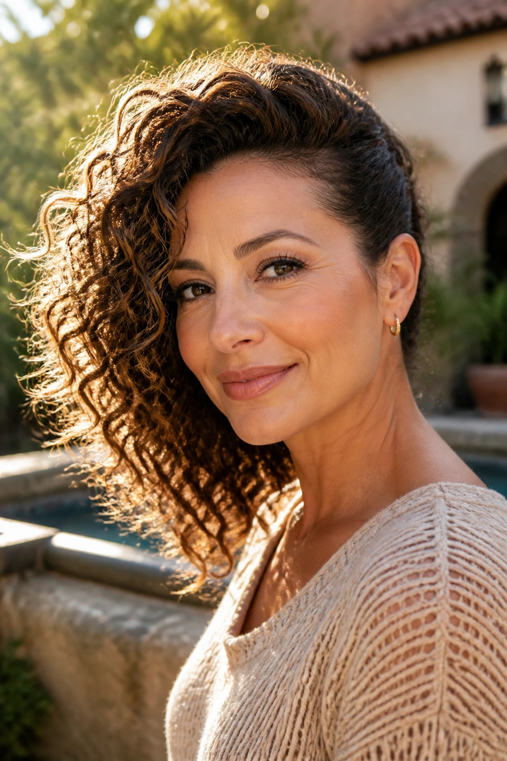 Real woman with deep side-swept curls tucked on one side outdoors in golden hour light