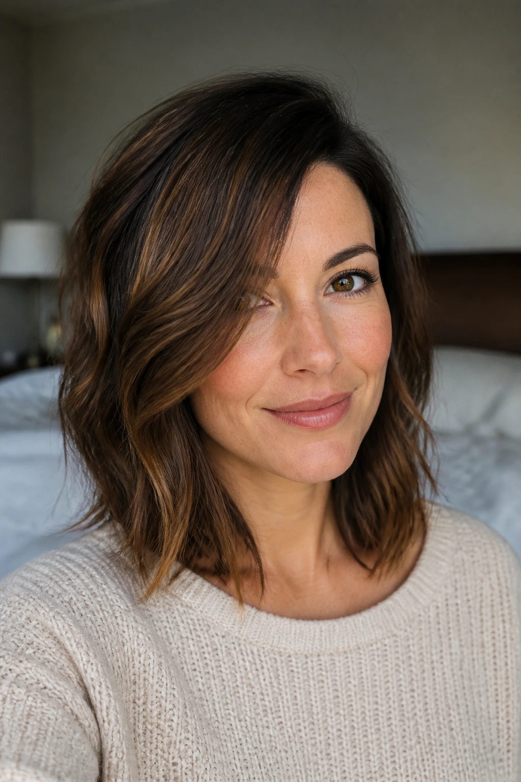 Close-up portrait of a real woman with a deep side-swept medium cut, hair draping across cheekbone in natural window light
