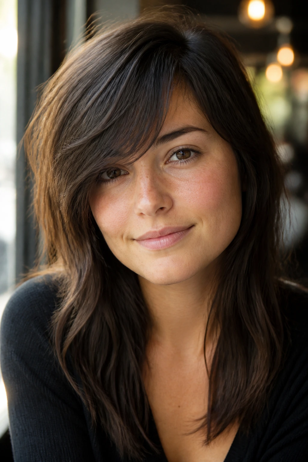 Close-up of a person with a deep side-swept choppy fringe across the forehead