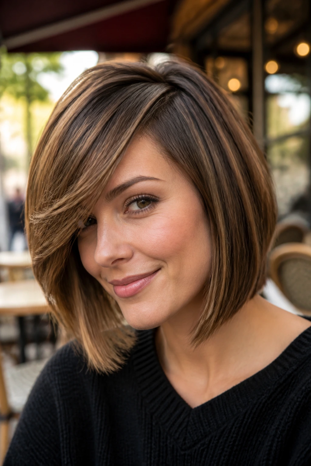 Real woman with deep side-swept fringe bob, diagonal fringe across forehead and blended sides.