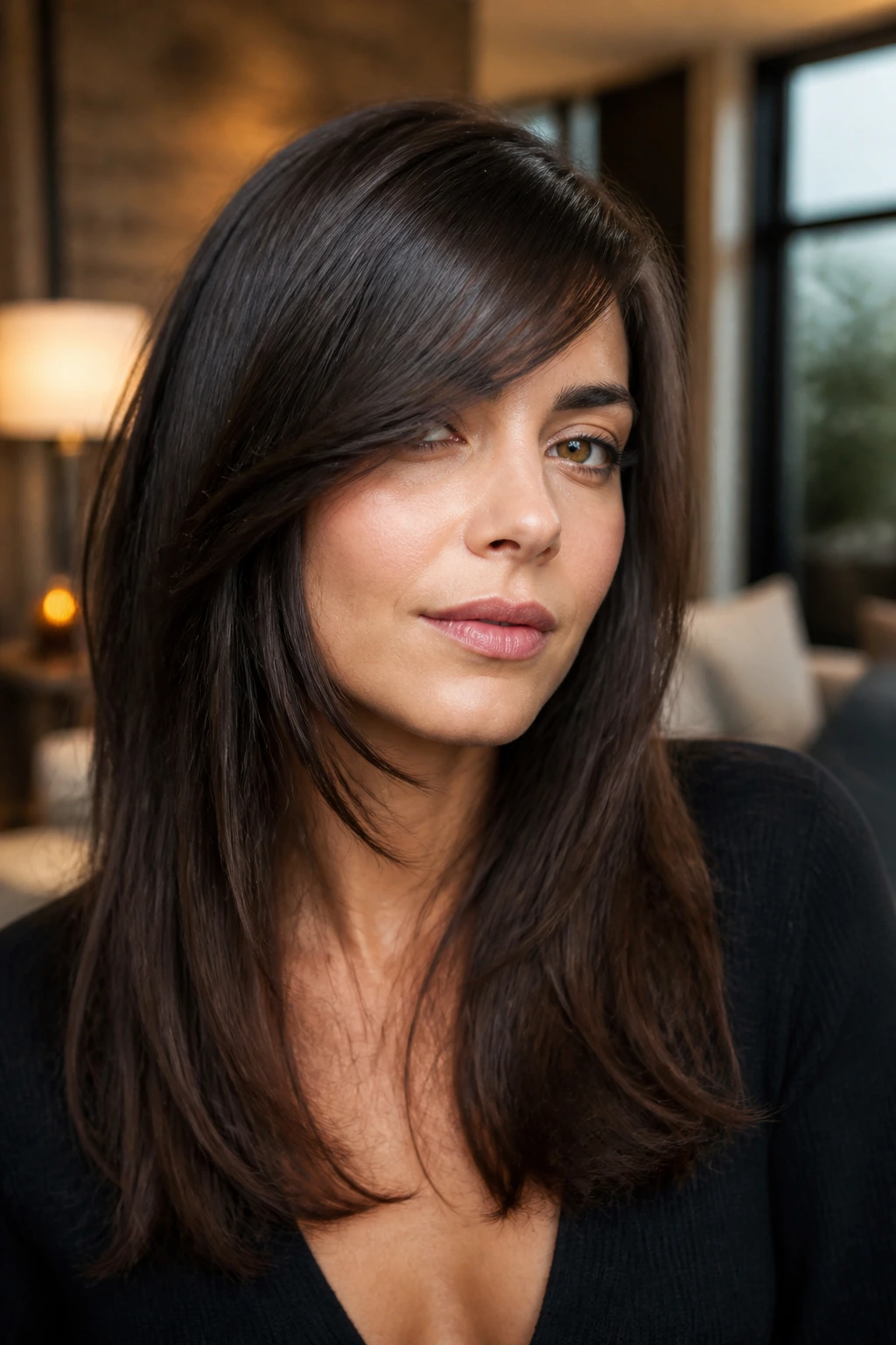 Close-up portrait of a woman with a deep side-swept fringe diagonally across the face