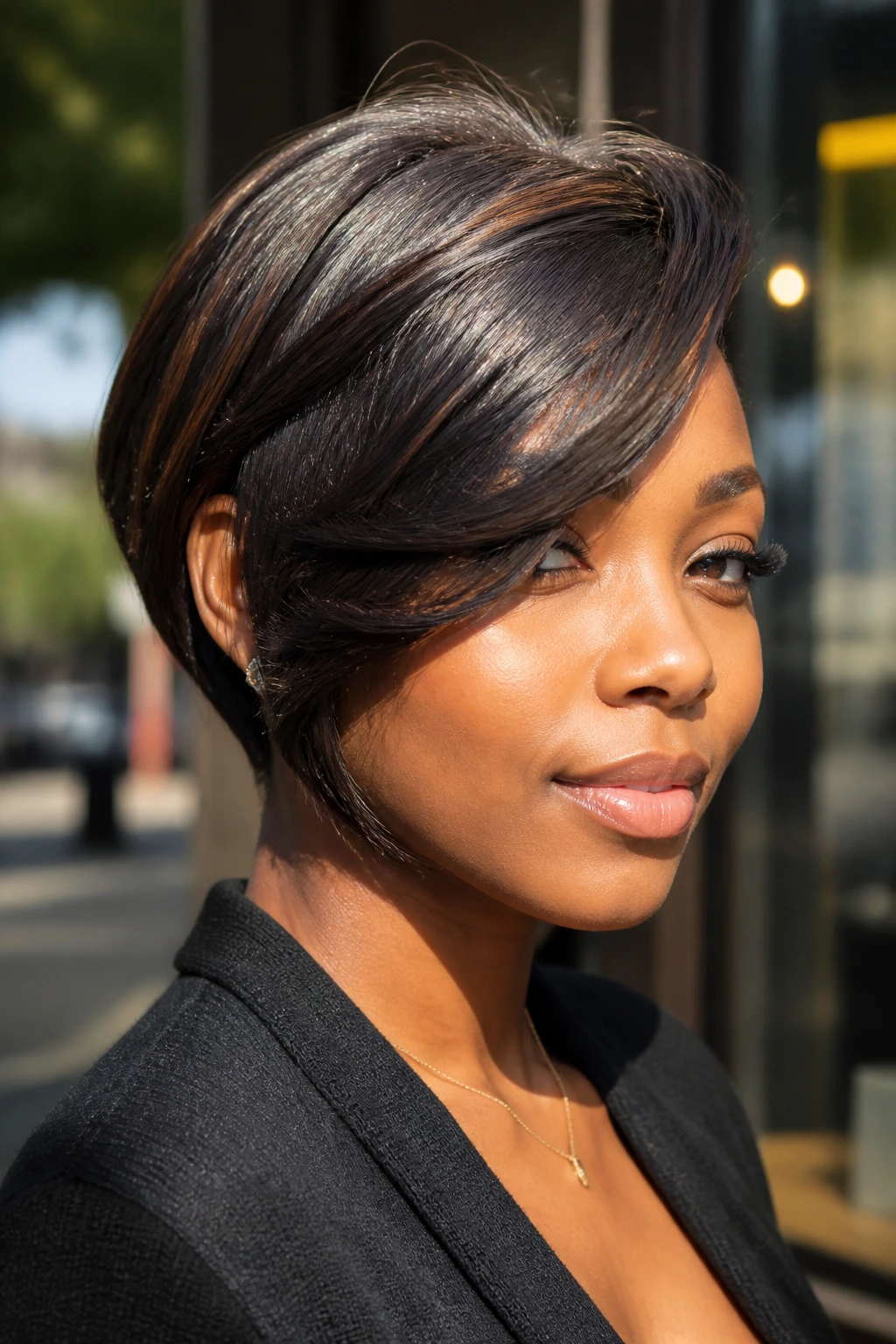 Close-up of deep side-swept fringe forming a long arc on a real Black woman