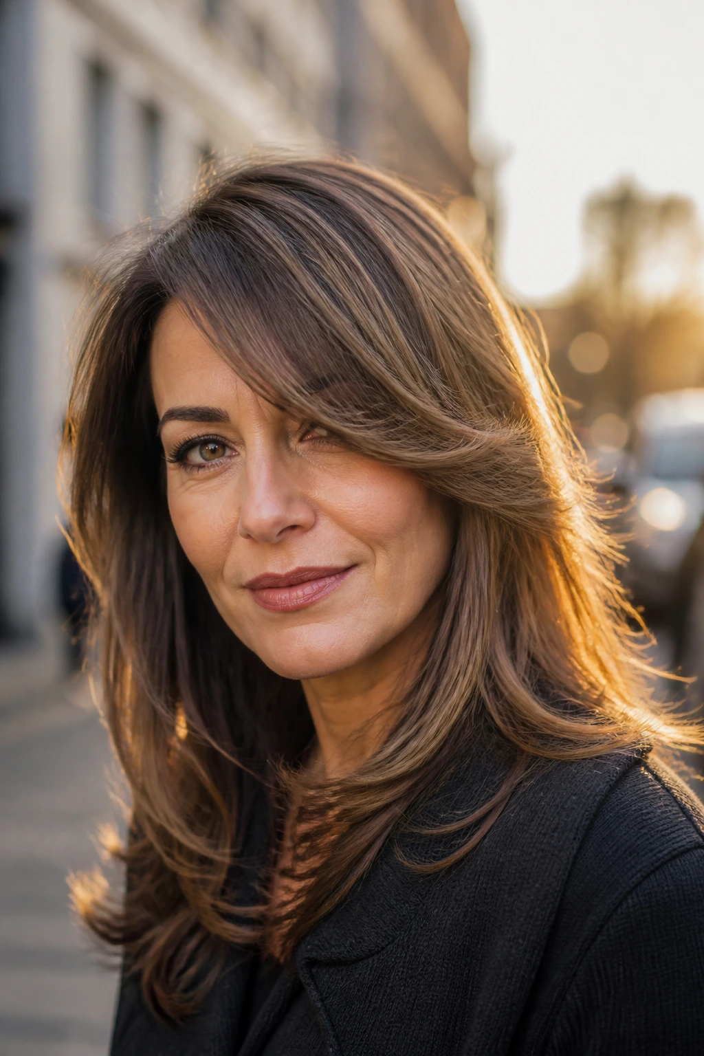 Close-up of a real woman with deep side-swept layers for a longer face.