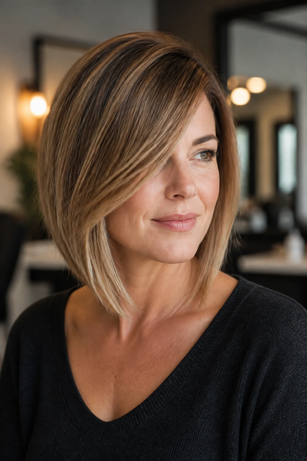 Close-up portrait of a real woman with a deep diagonal fringe lob in a sunlit salon