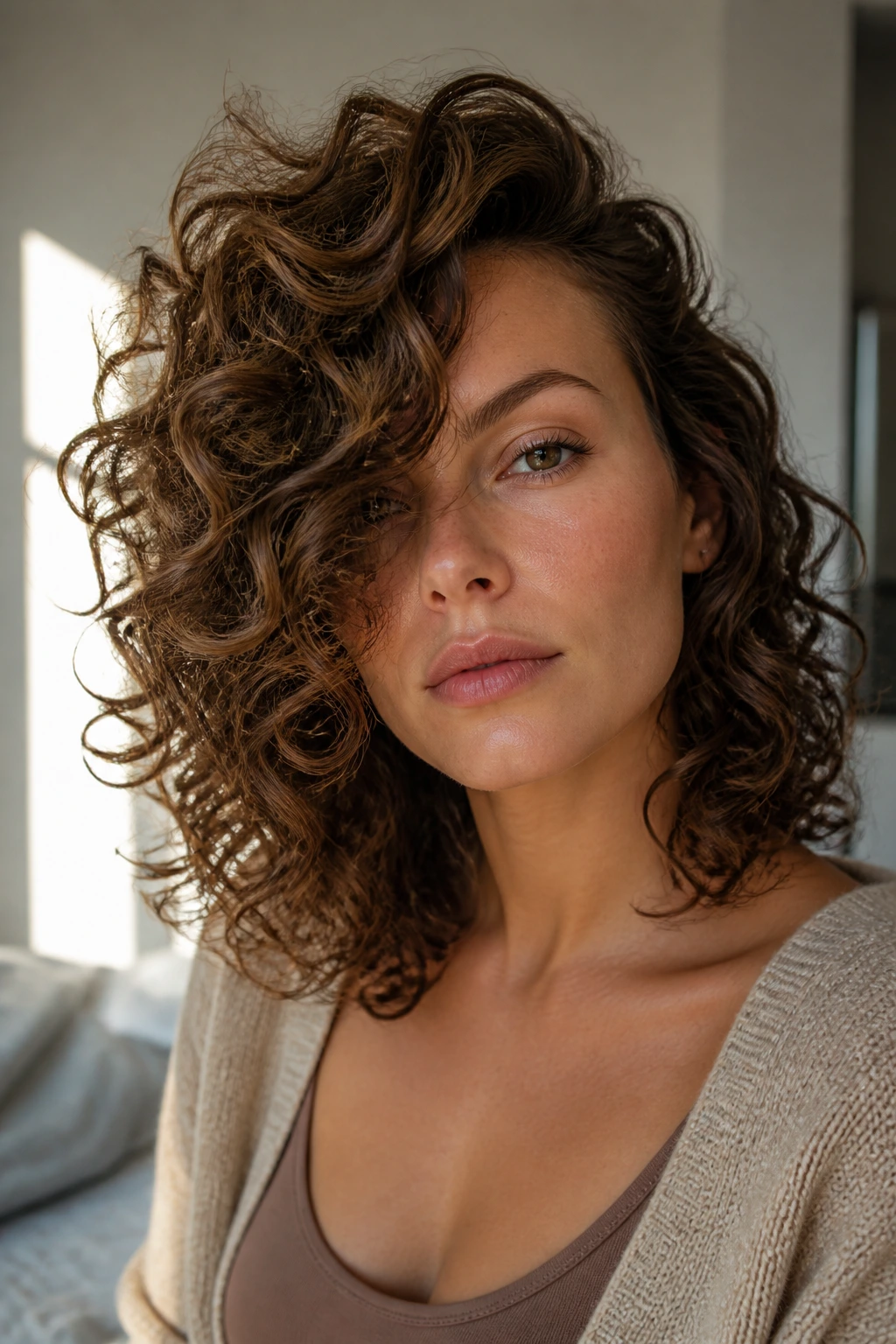 Deep side-swept ringlets framing a real person