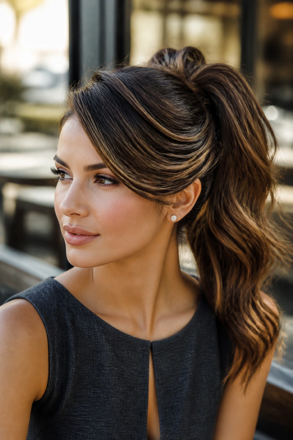 Close-up portrait with deep side-swoop and high ponytail