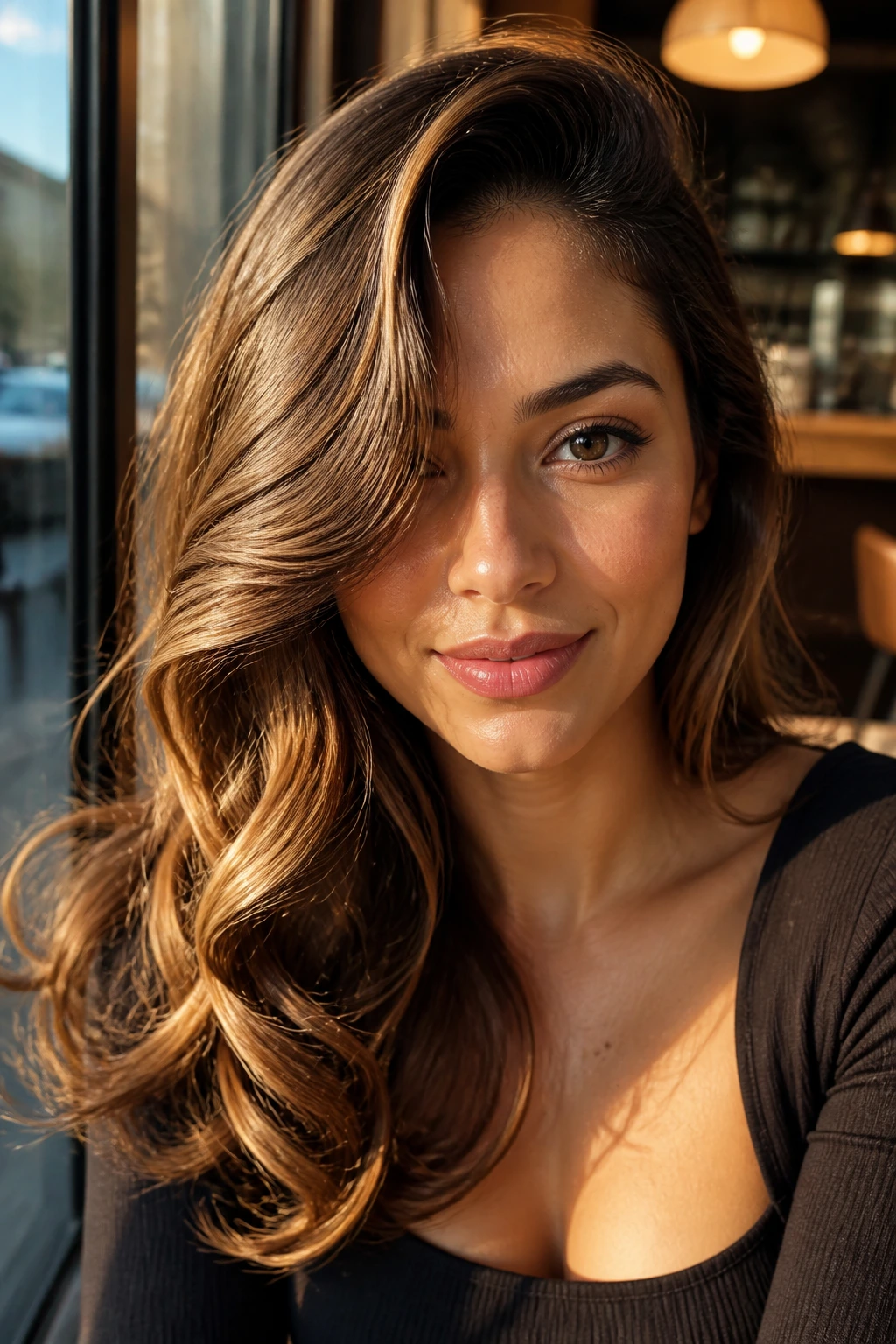 Close-up of a real woman with a deep-side part and soft waves framing the face