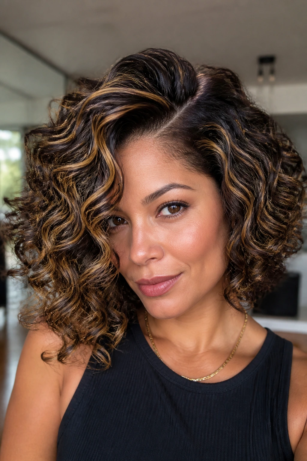 Real person with deep side-part curly hairstyle and ribbon highlights