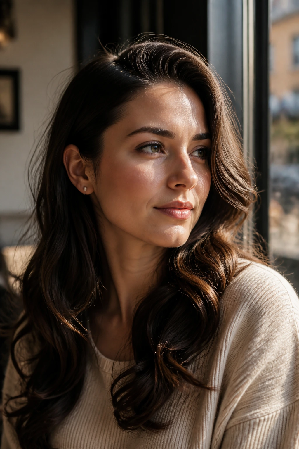 Real woman with deep side-part waves in natural light