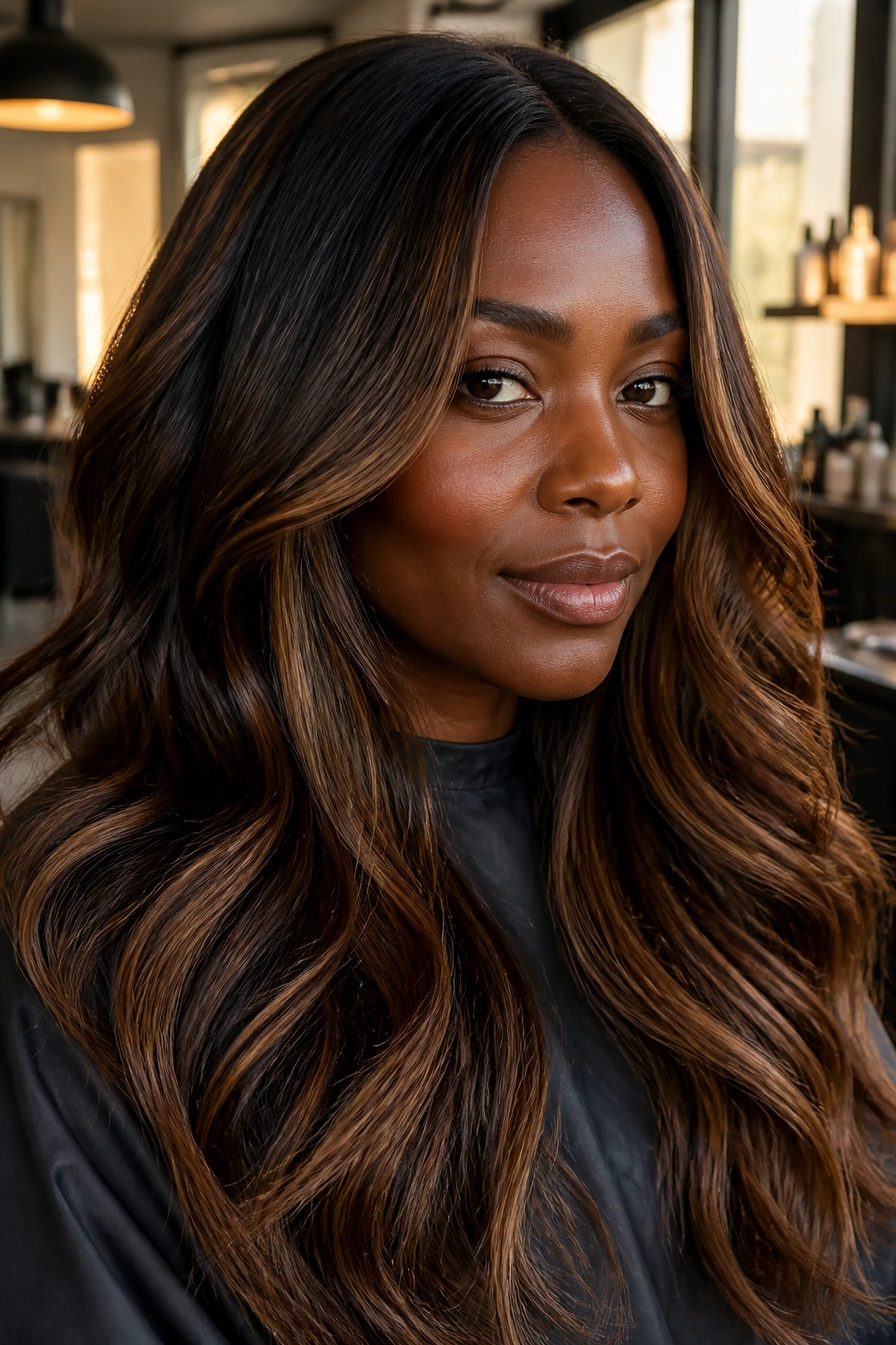 Close-up portrait of a woman with deep skin tones and brunette highlights that emphasize depth