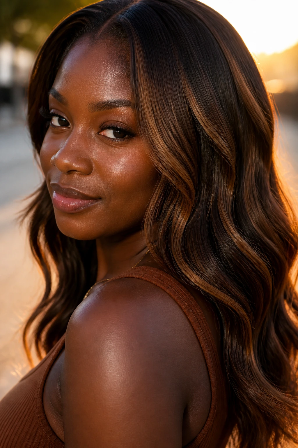 Close-up of deep-skinned person with natural-sitting caramel highlights
