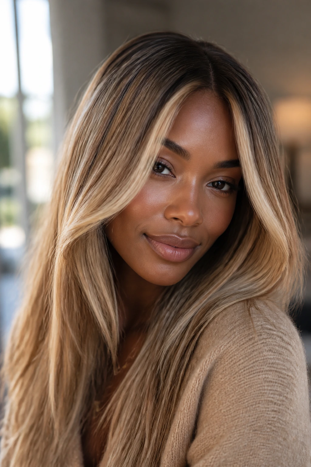 Close-up of a deep-skin model showing fine hair with dimensional blonde ribbons and soft root shadow.