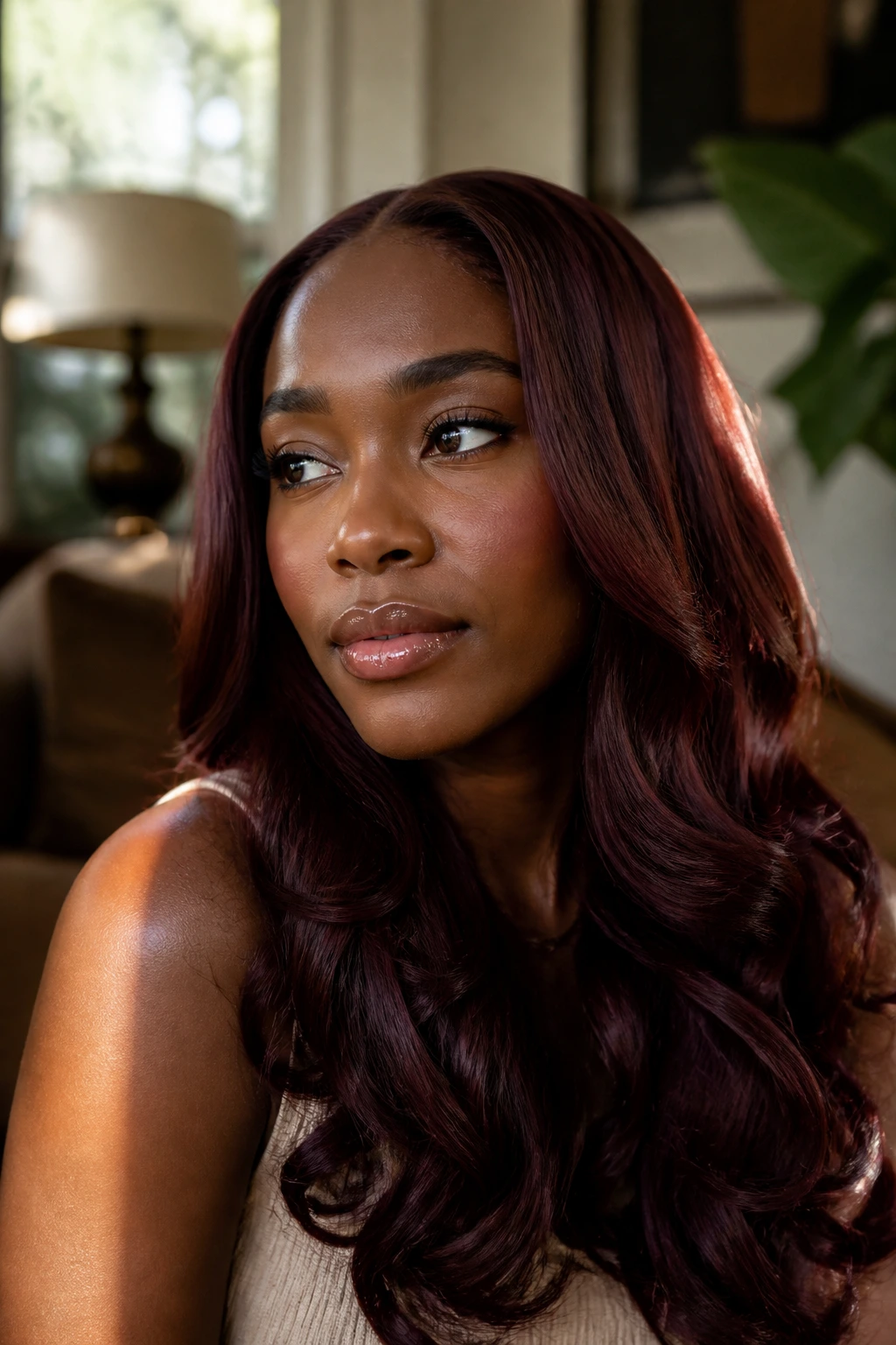 Close-up portrait of a real woman with deep skin tone and glossy hair in a warm indoor setting