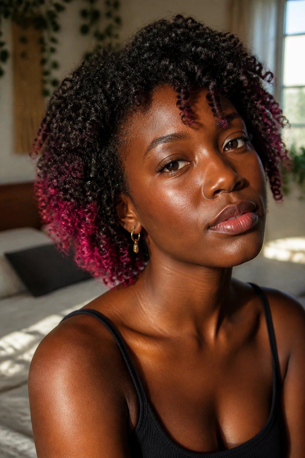 Close-up of deep-skinned person with colorful hair tips, high-contrast styling