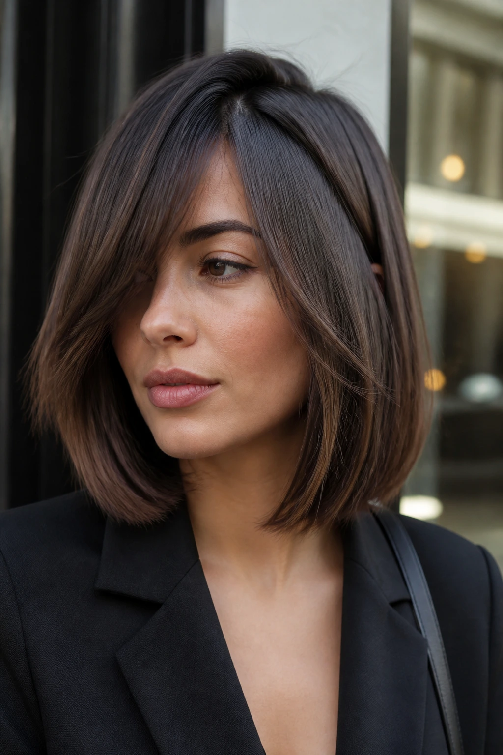 Close-up portrait of a real woman with a deep-split bob and long curtain bangs.