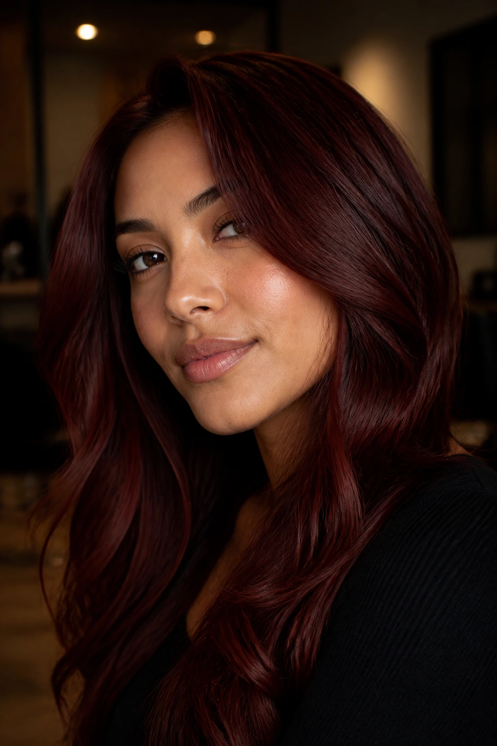Close-up of a person with deep cherry-cola strawberry shade