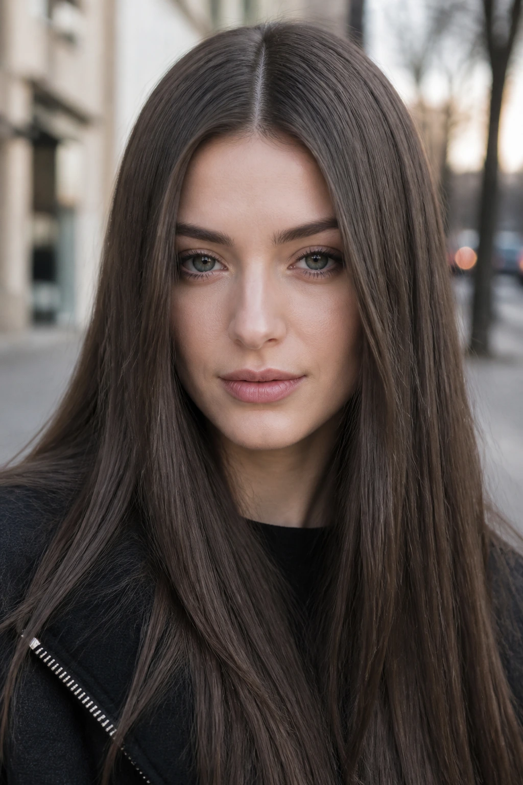 Close-up portrait of a woman with deep taupe brunette and middle part