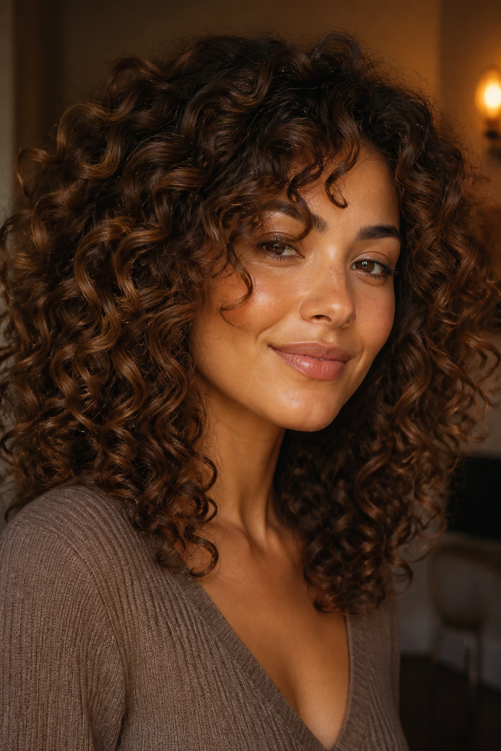 Close-up of curly hair in deep toffee brown shade on olive skin