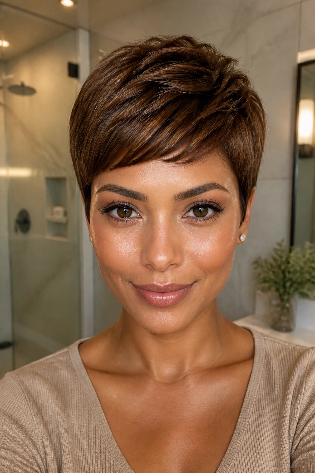 Portrait of a real woman with a deep toffee pixie cut highlighting shine and structure.