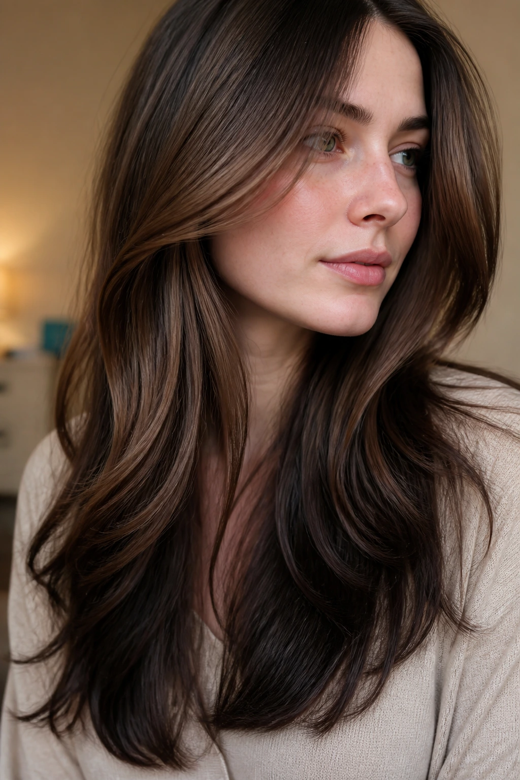 Close-up of a real woman with deep truffle ends on long hair in a warm indoor setting