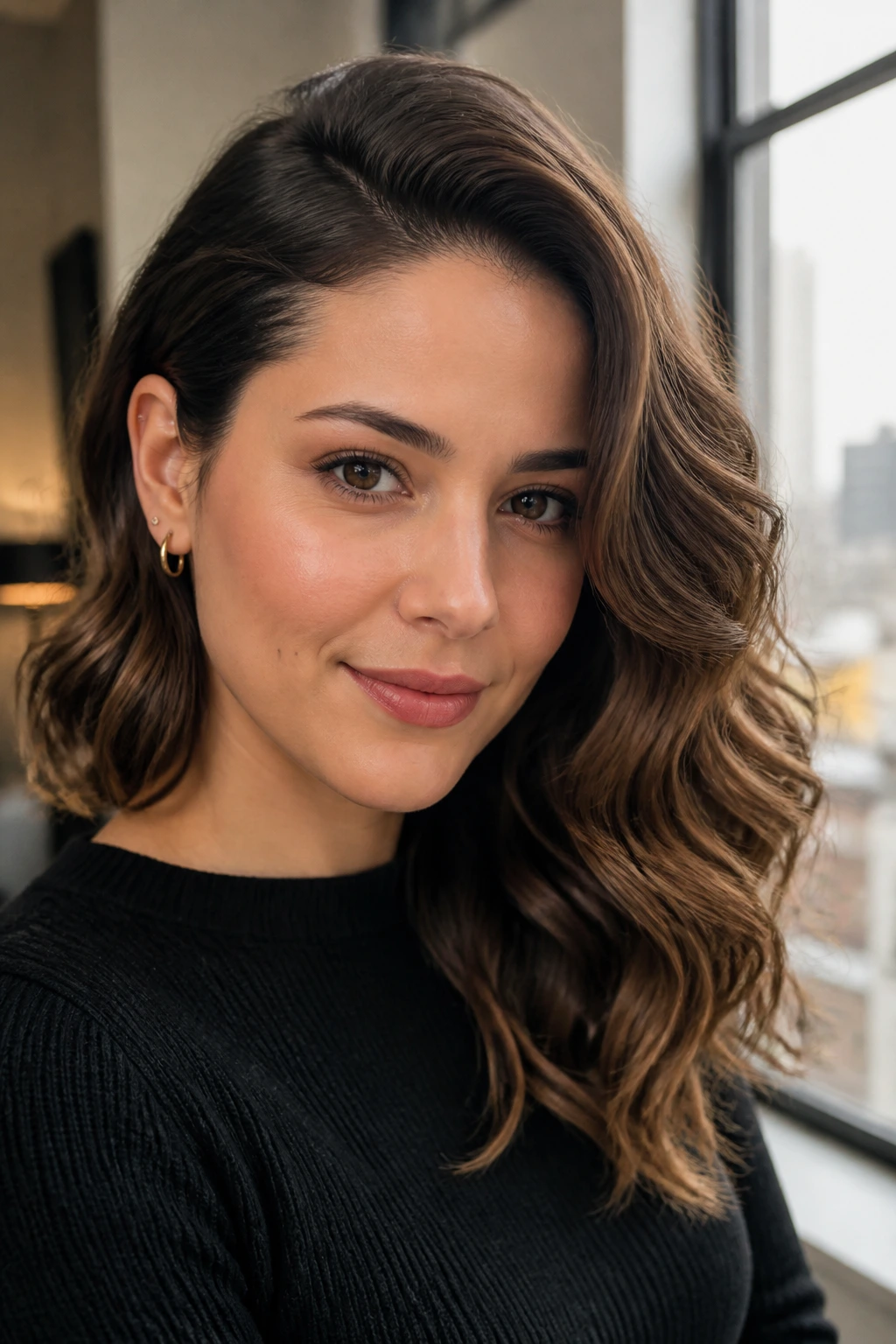 Real woman with deep-tuck side part and ear exposed showing a polished wave
