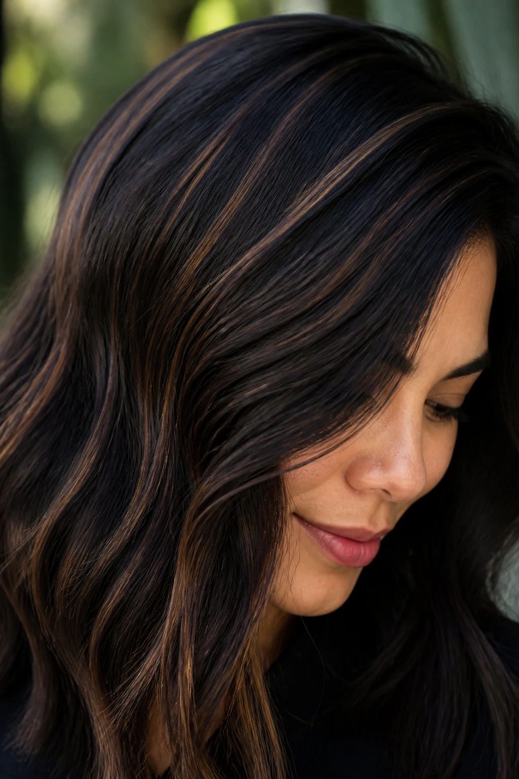 Natural black hair with deep umber streaks on a real person