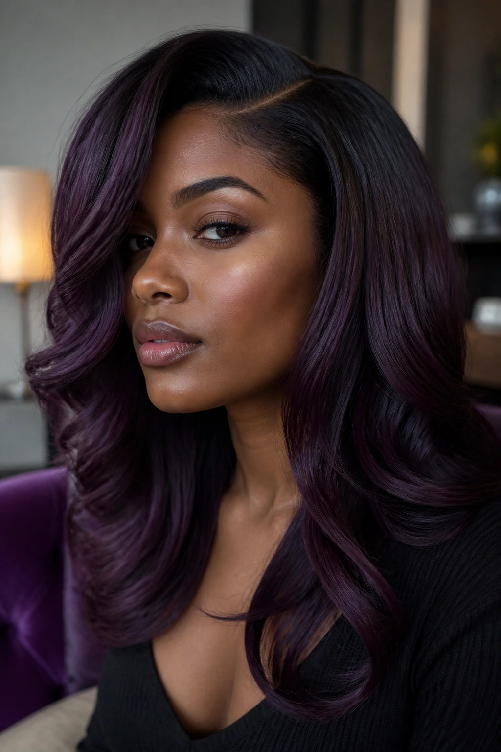 Close-up portrait of deep violet gloss hair with glossy finish