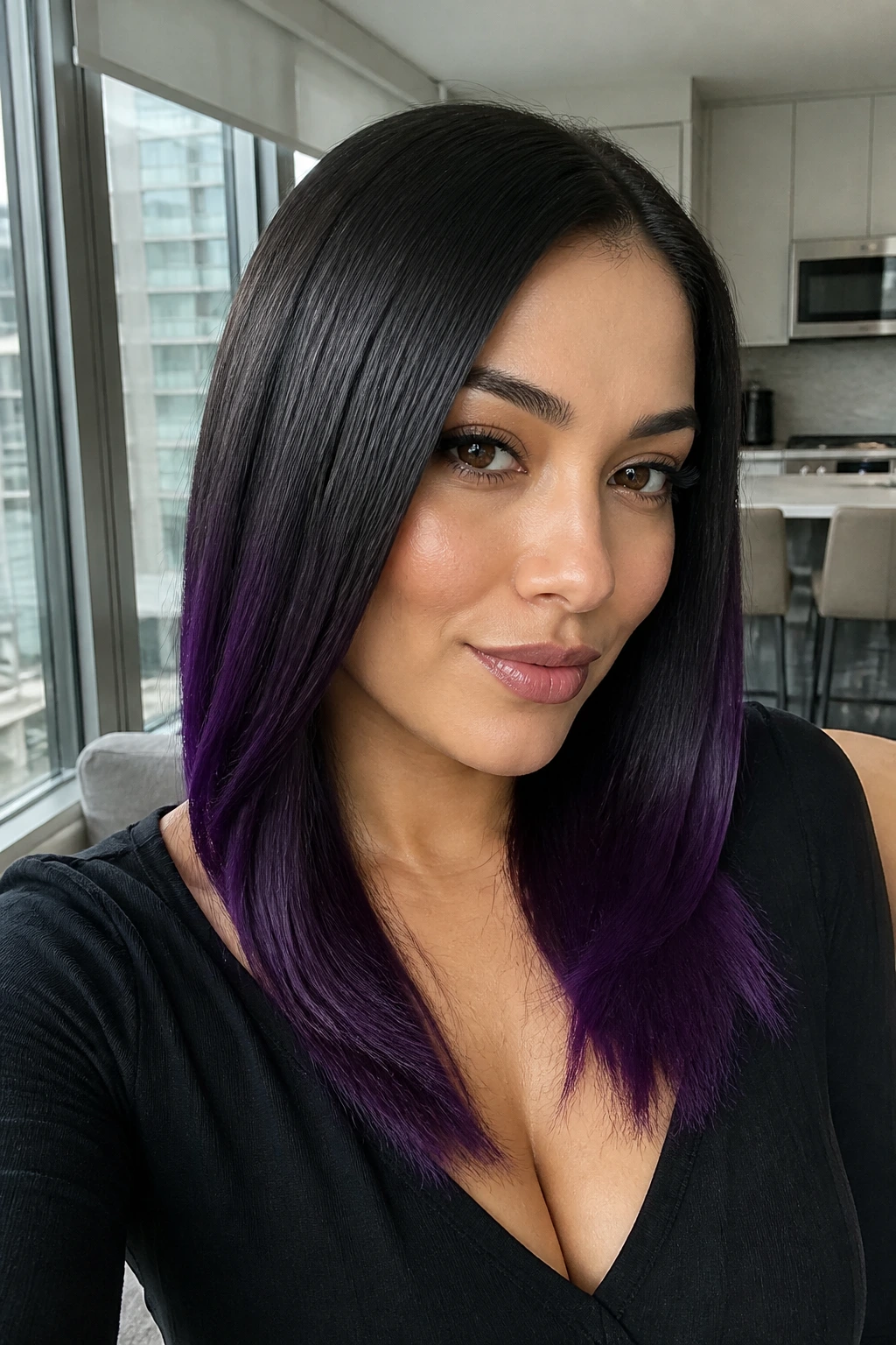 Portrait of a woman with deep-violet ends in silk-pressed hair on olive skin.