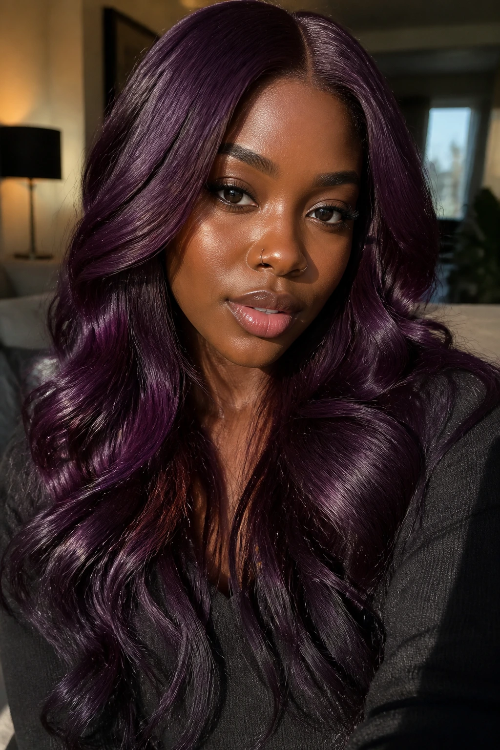 Close-up of a real woman with deep violet velvet hair and glossy finish in warm window light