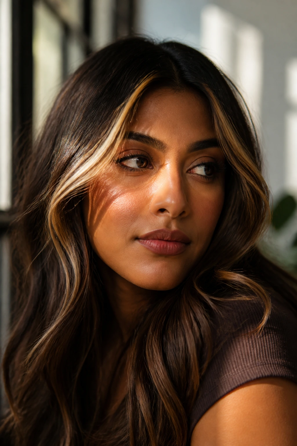 Close-up of deep walnut contrast with lighter front ribbons on a real person’s hair.
