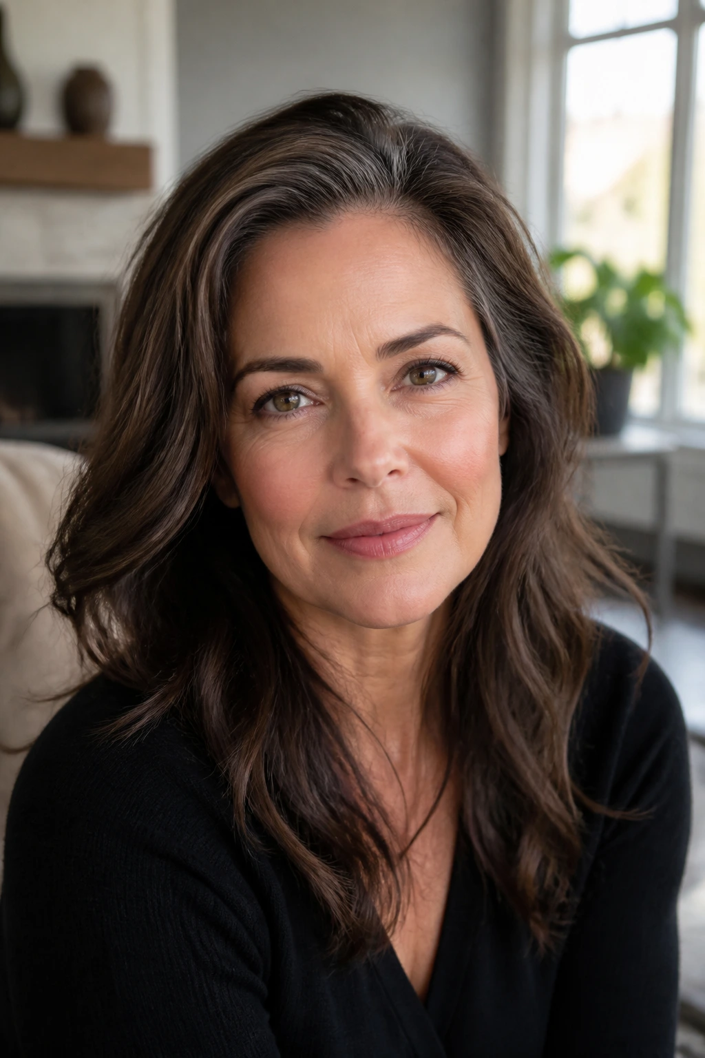 Close-up of deep walnut hair with silver blending on a real woman