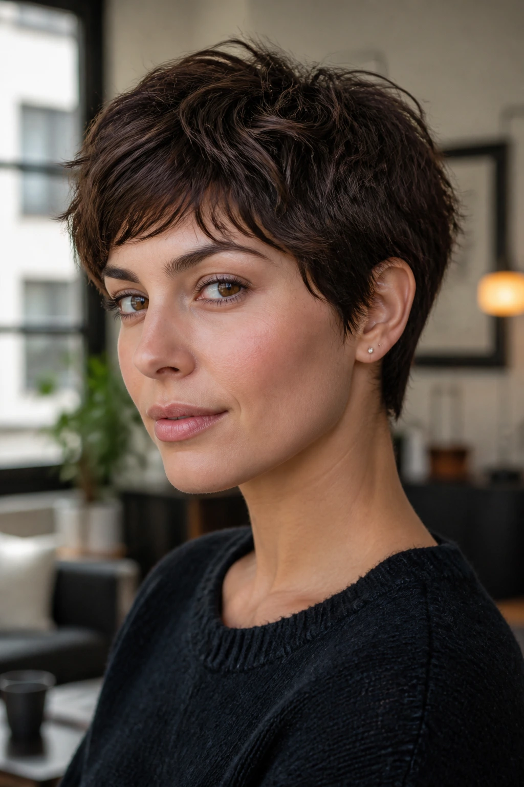 Close-up portrait of a real person with deep walnut textured crop and chopped edges