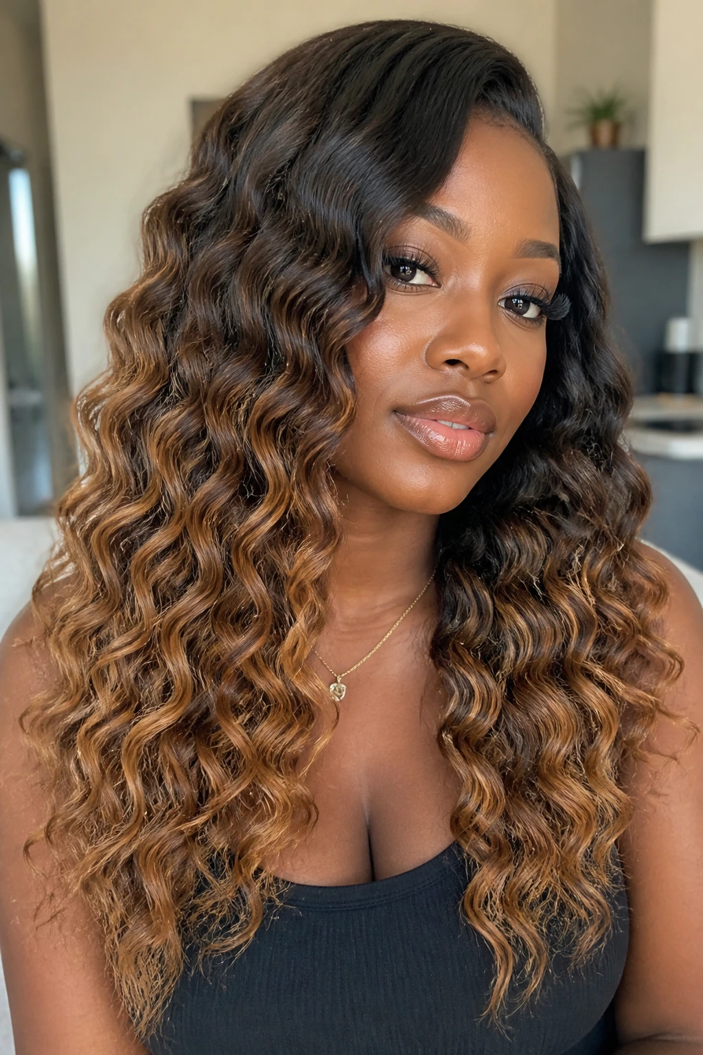 Close-up of a real woman with deep wave hair and caramel ombré.
