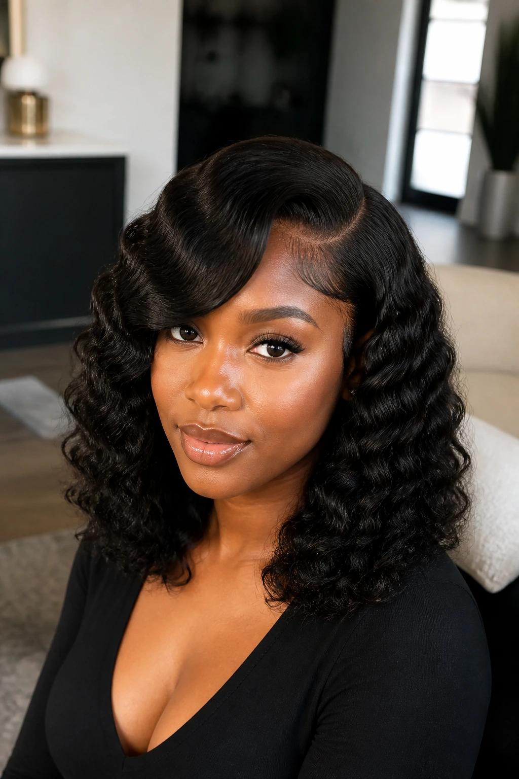 Close-up of a real woman with deep waves and a side part