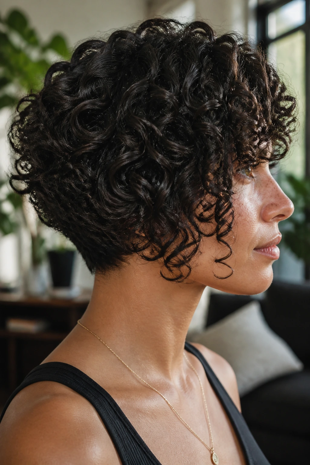 Close-up of a real person with deeply graduated inverted bob and thick spirals