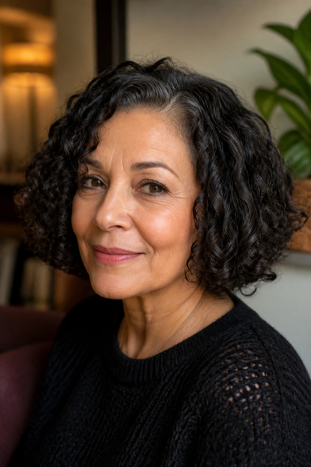 Close-up of a real woman with a defined bob and coarser curls