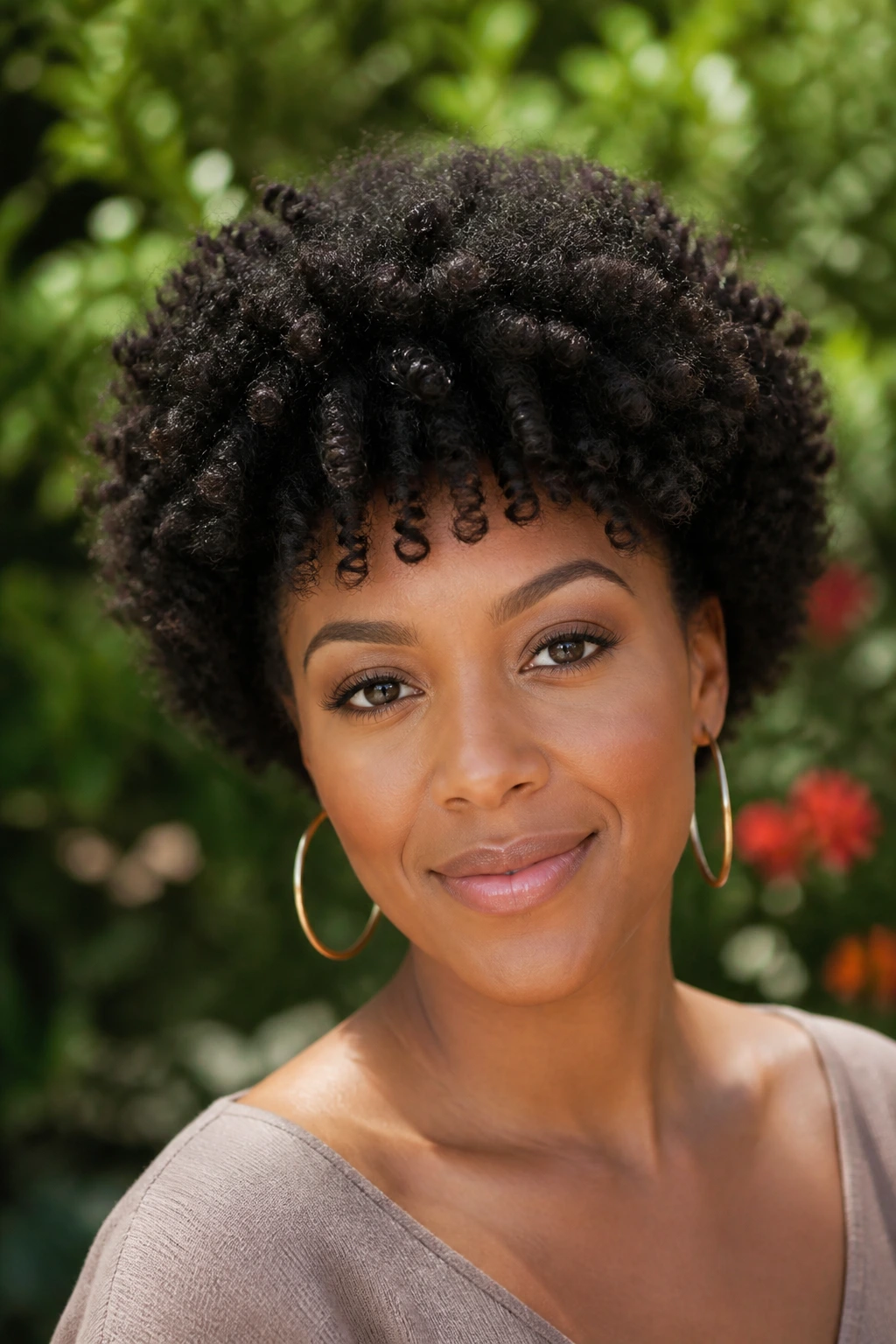 Close-up portrait of a real woman with a defined coil afro