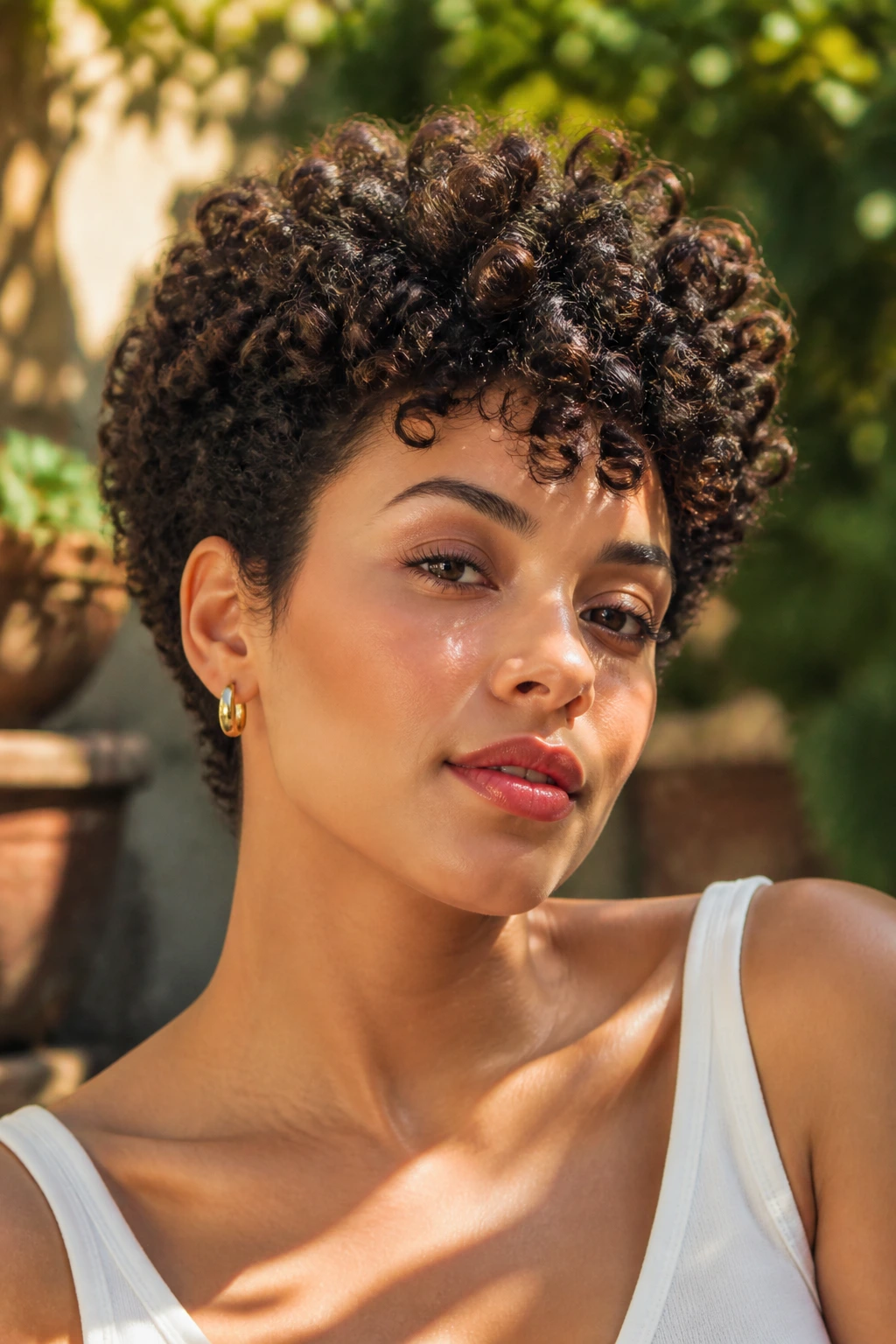 Close-up portrait of a real woman with defined coils and a lifted crown.