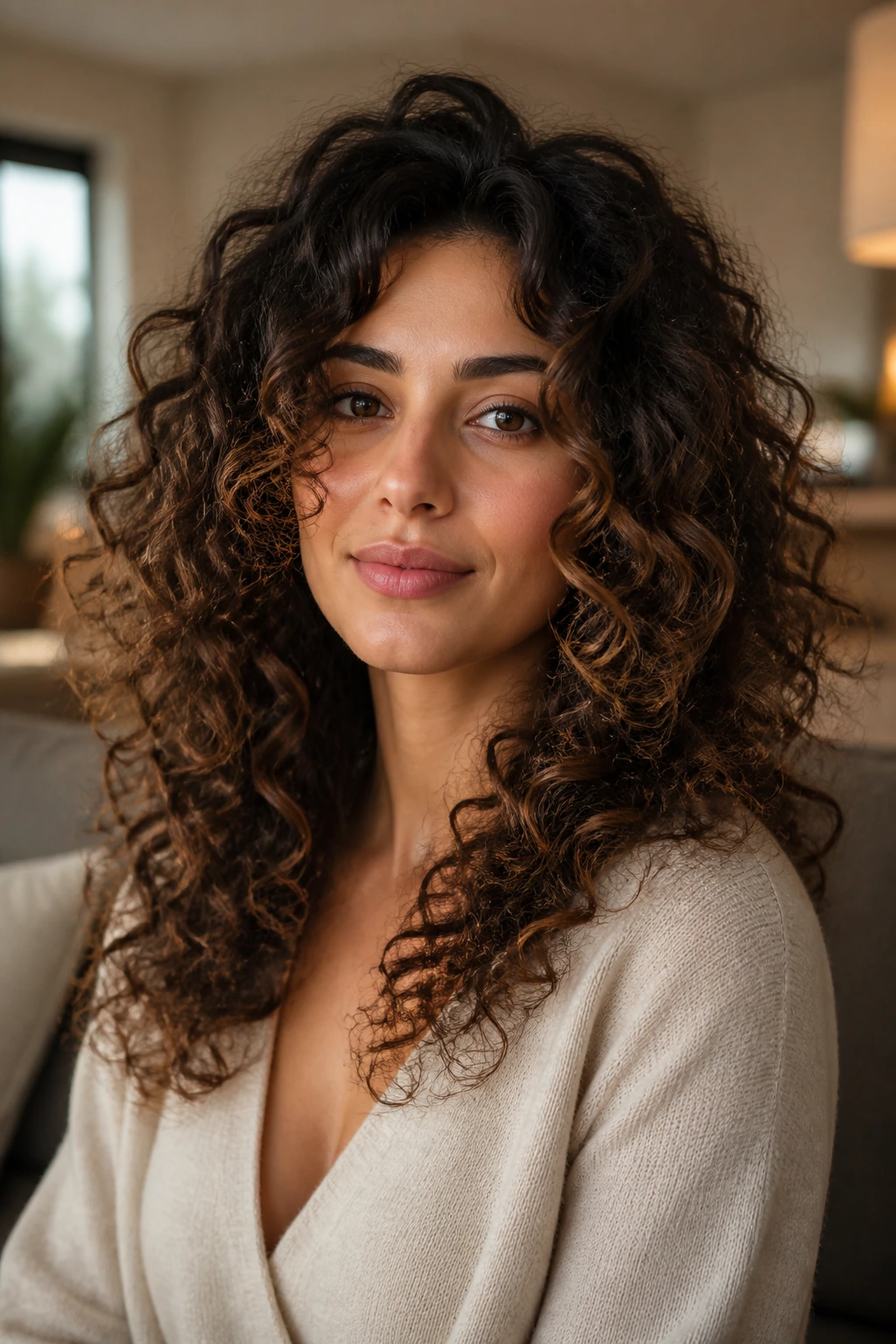 Close-up of a woman with defined curls and diffused volume in a cozy room