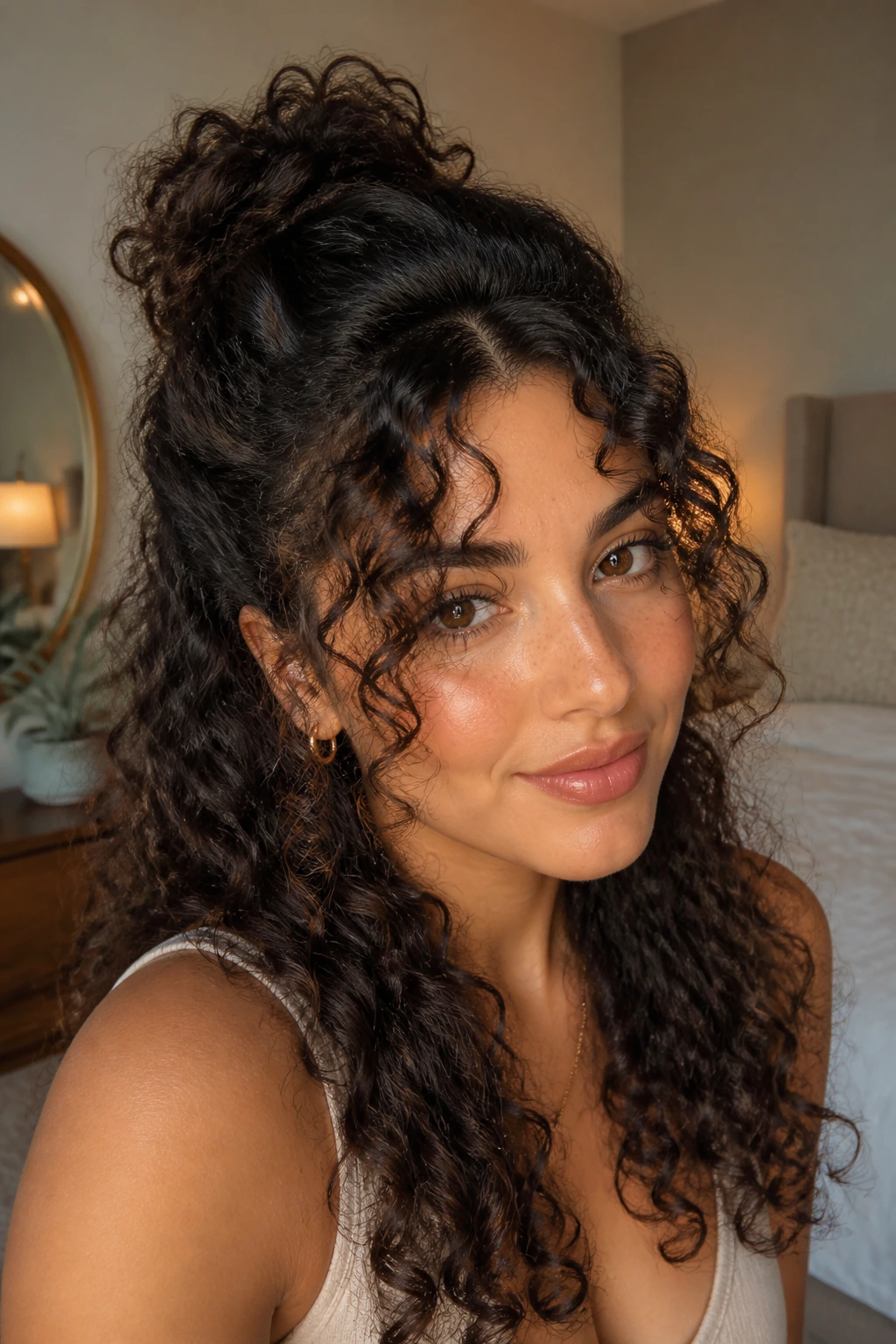 Close-up of defined curls with half-up hairstyle and curtain bangs in cozy room light