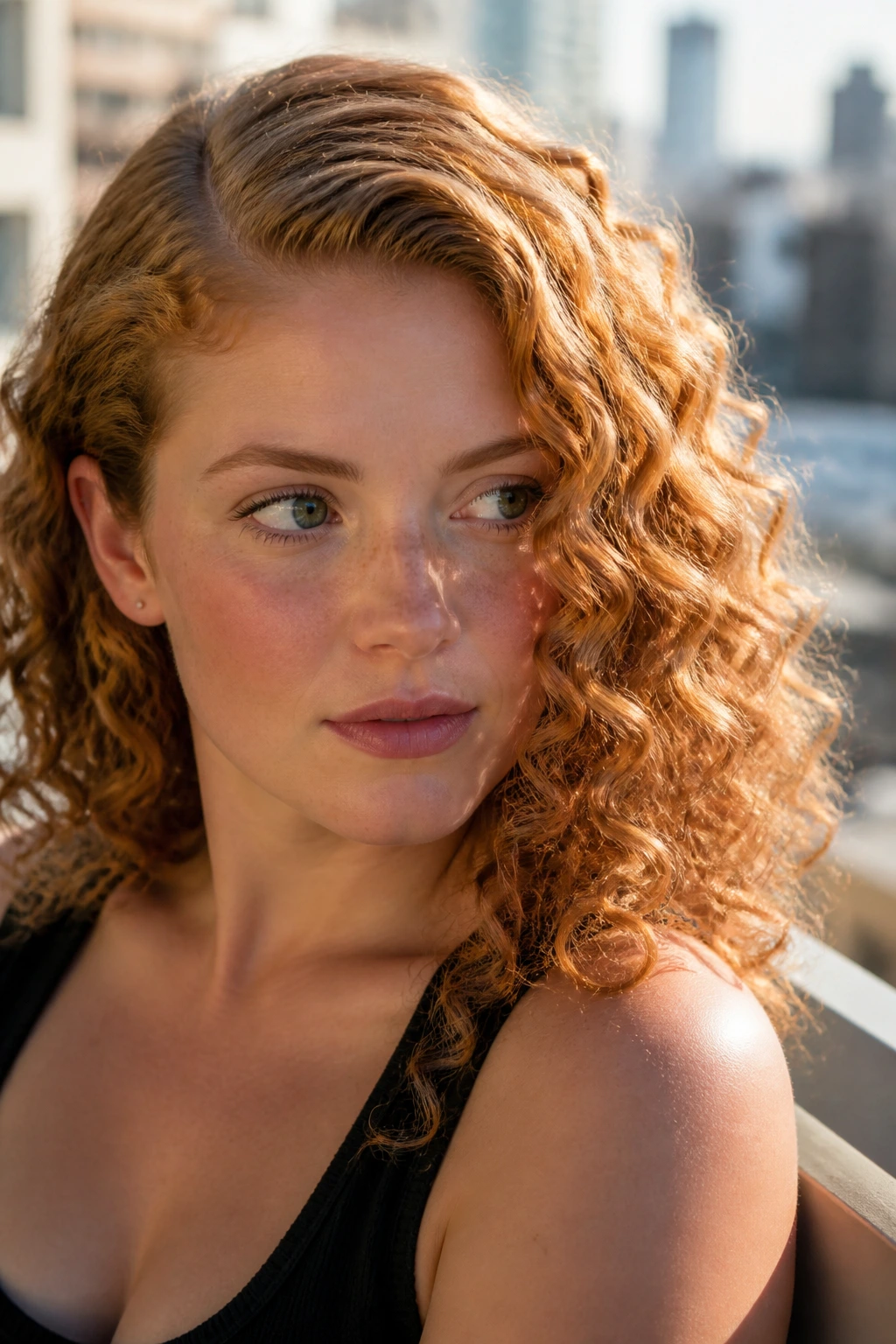 Close-up of a woman with defined curls and a side part in strawberry blonde hair