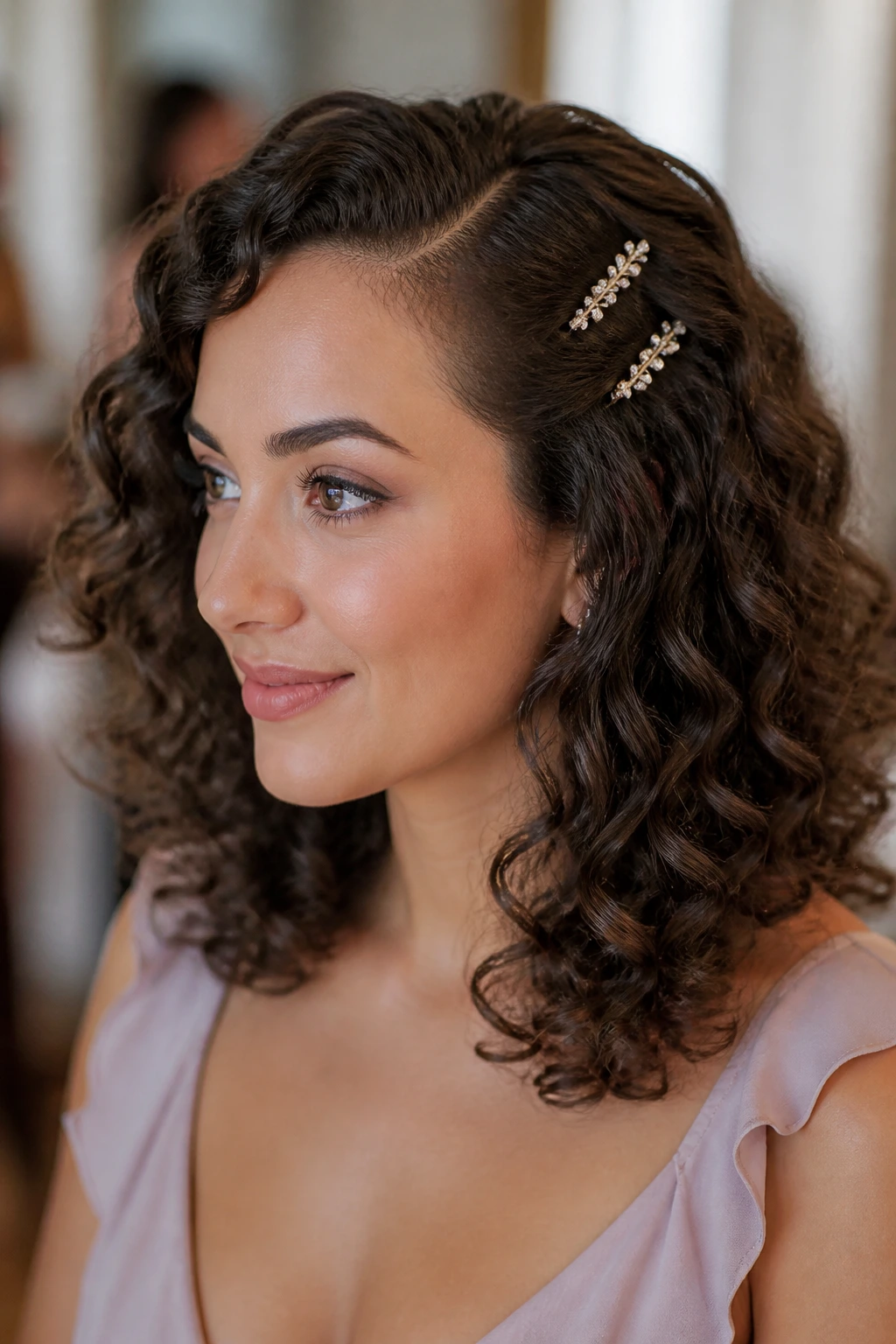 Close-up of a real woman with defined curls and sparkly pins in a bridal prep room