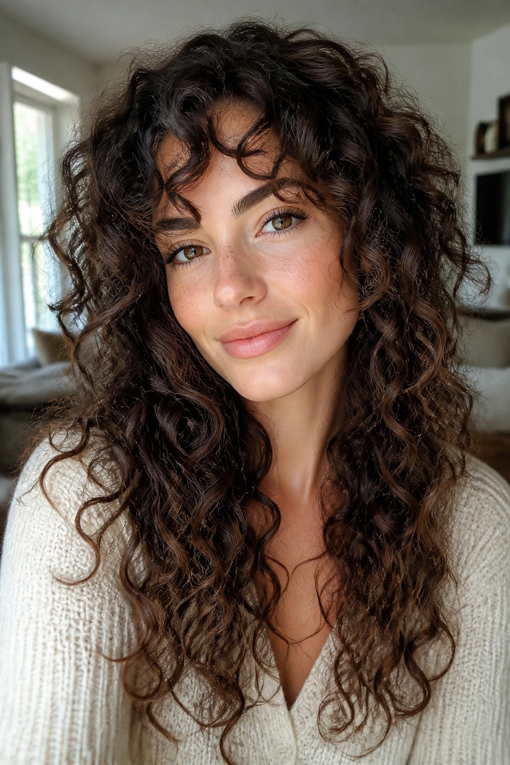 Real woman with defined thick curls and diffused volume in a sunlit living room.